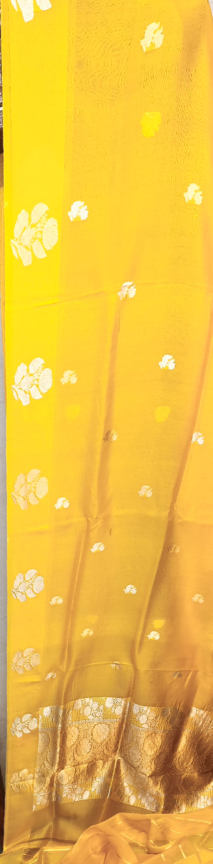 Yellow Pure Row Mango Boota Border Silver Gold Zari Aanchal Booti Saree