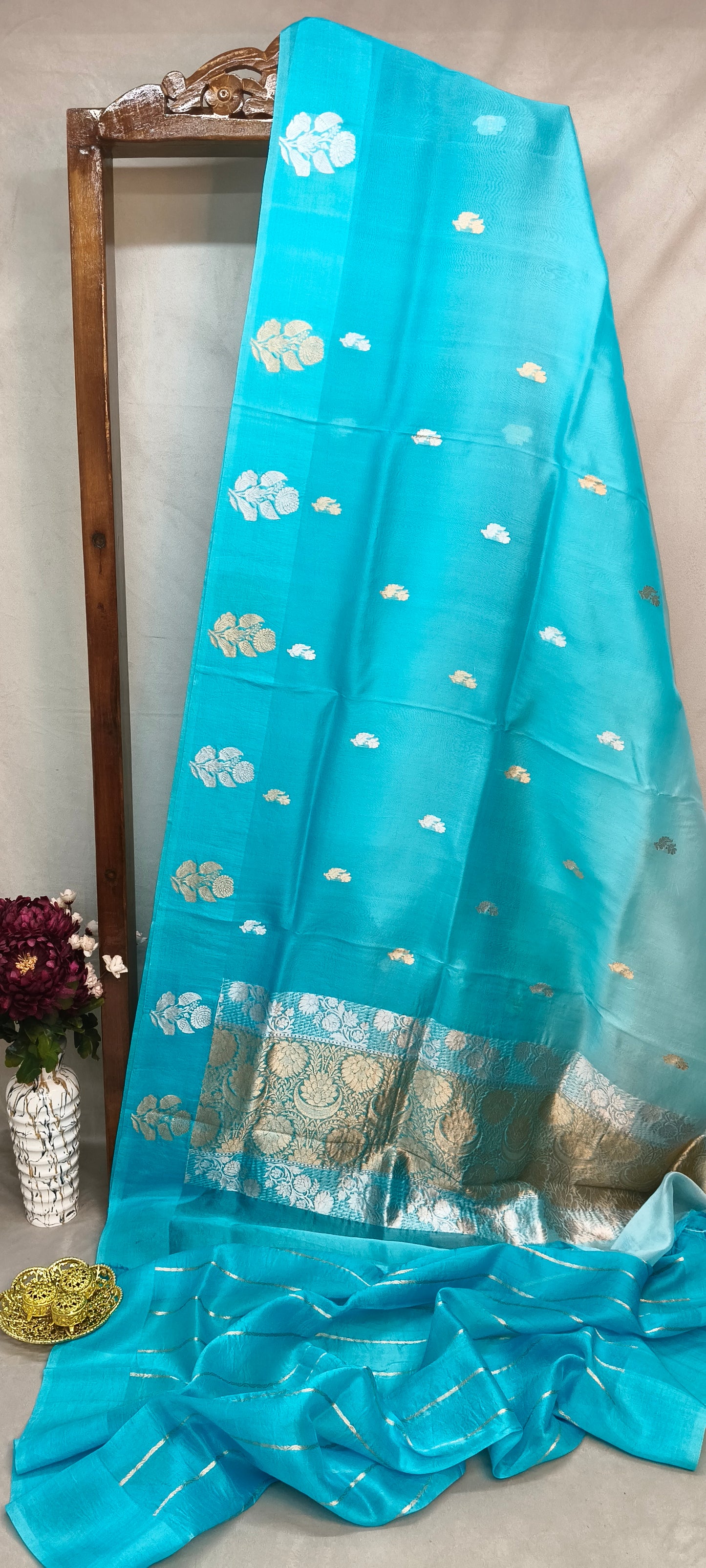 Firozi Pure Row Mango Boota Border Silver Gold Zari Aanchal Booti Saree