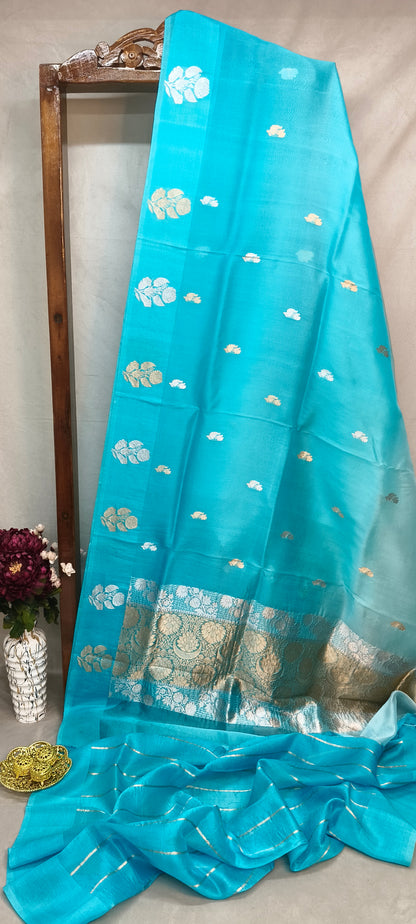 Firozi Pure Row Mango Boota Border Silver Gold Zari Aanchal Booti Saree