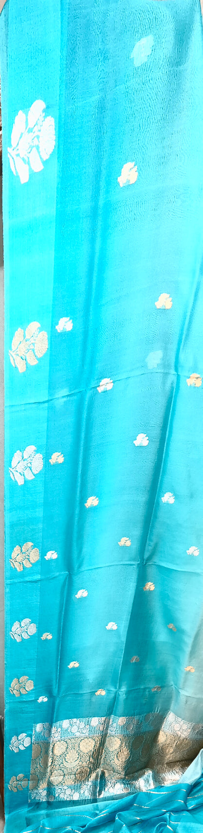 Firozi Pure Row Mango Boota Border Silver Gold Zari Aanchal Booti Saree