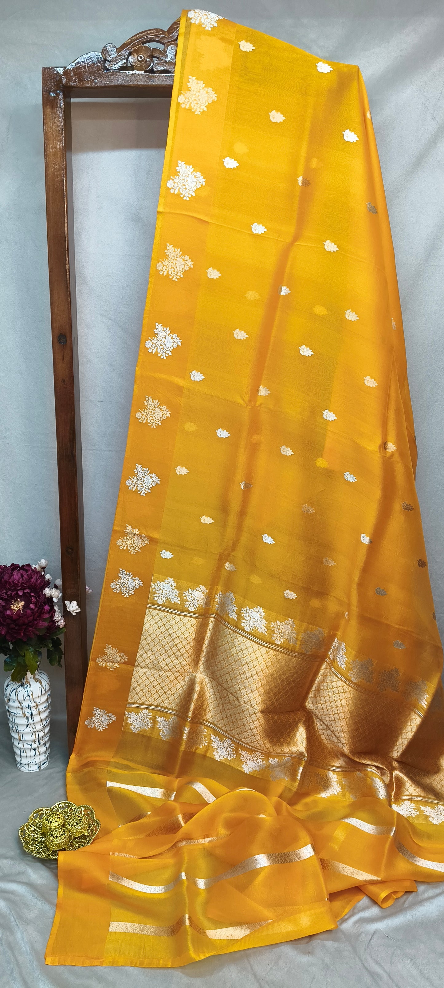 Yellow Pure Row Mango Boota Border Silver Gold Zari Aanchal Booti Saree