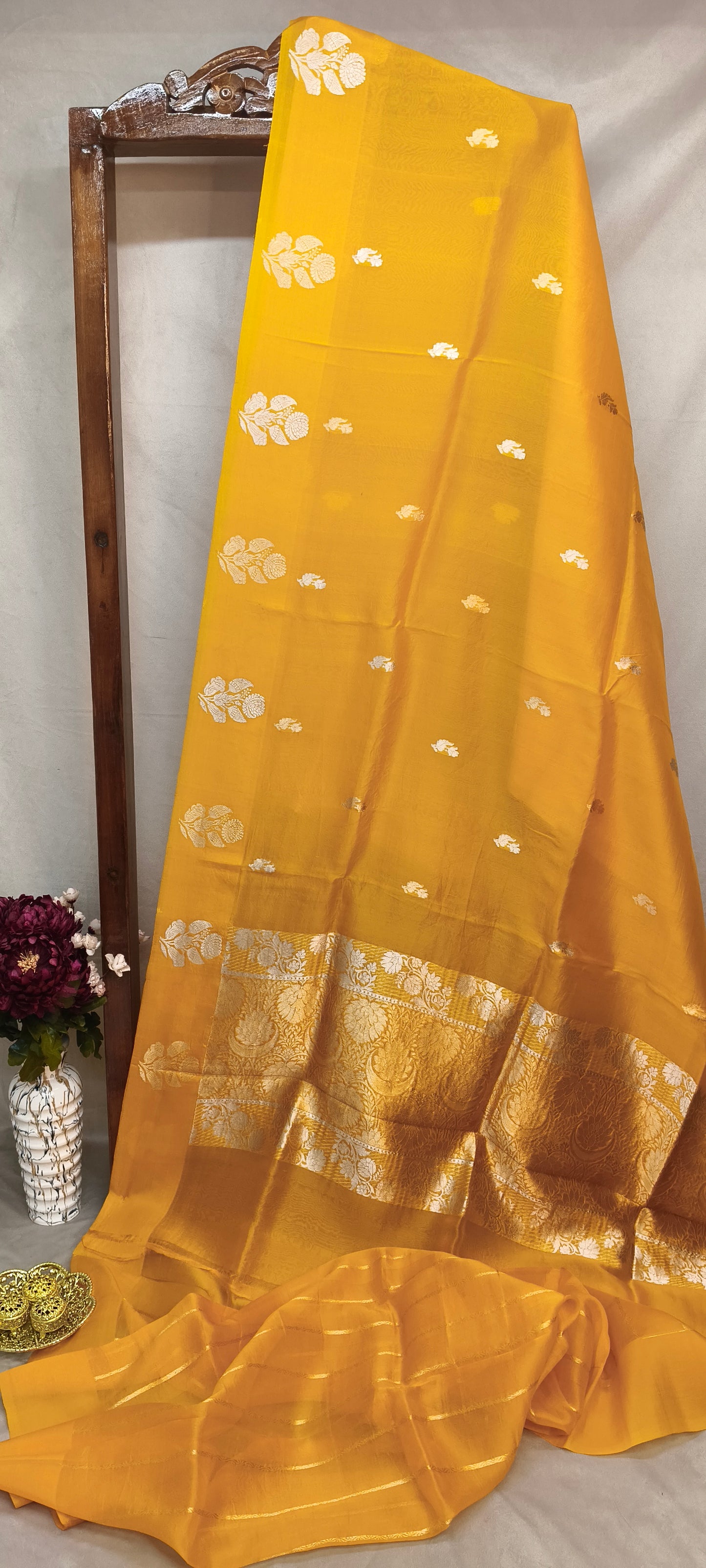 Yellow Pure Row Mango Boota Border Silver Gold Zari Aanchal Booti Saree
