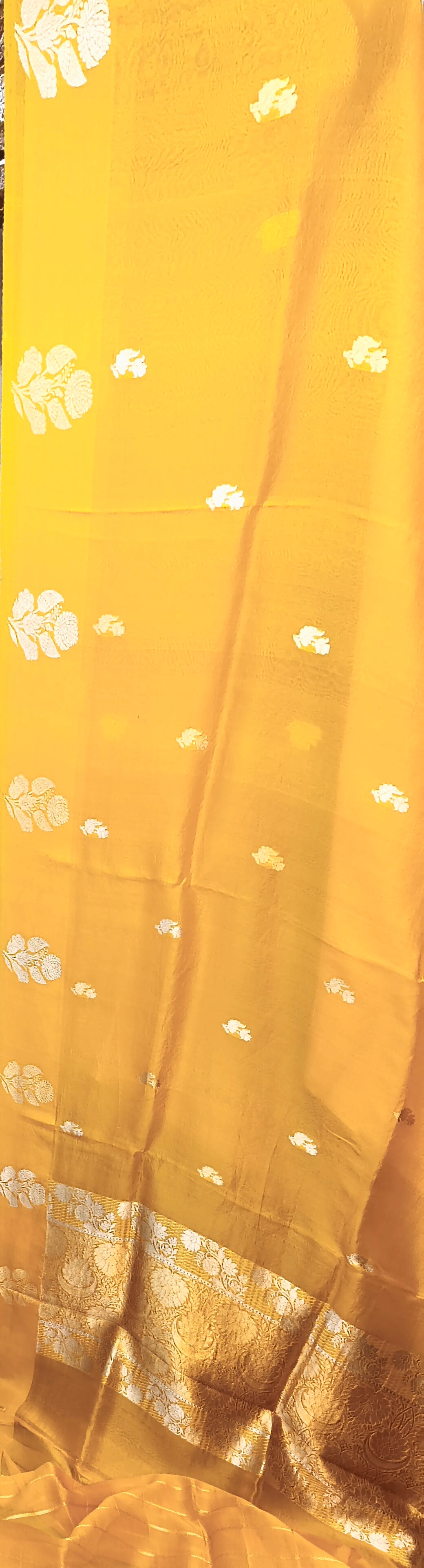 Yellow Pure Row Mango Boota Border Silver Gold Zari Aanchal Booti Saree