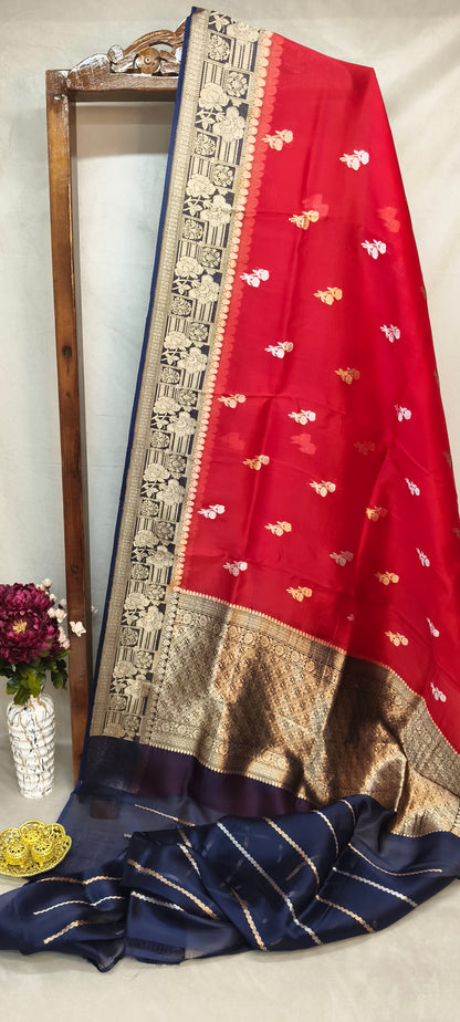 Navy Blue & Red Contrast Pure Row Mango Booti Border Silver Gold Zari Aanchal Booti Saree