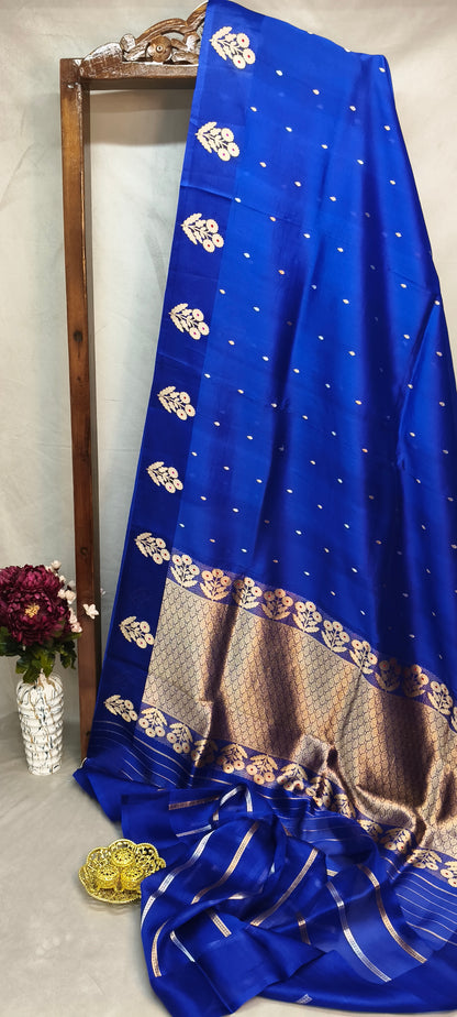 Royal Blue Pure Row Mango Boota Border Silver Gold Zari Aanchal Booti Saree