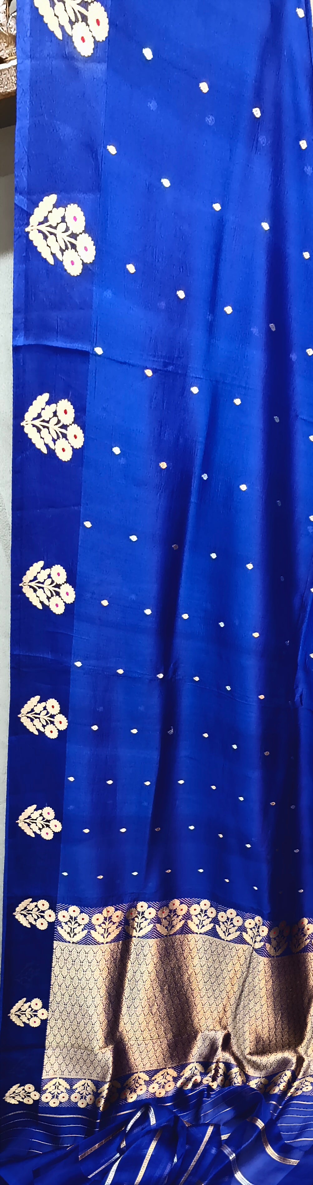 Royal Blue Pure Row Mango Boota Border Silver Gold Zari Aanchal Booti Saree