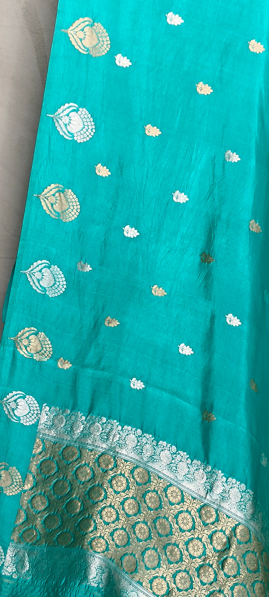 Firozi Pure Row Mango Boota Border Silver Gold Zari Aanchal Booti Saree