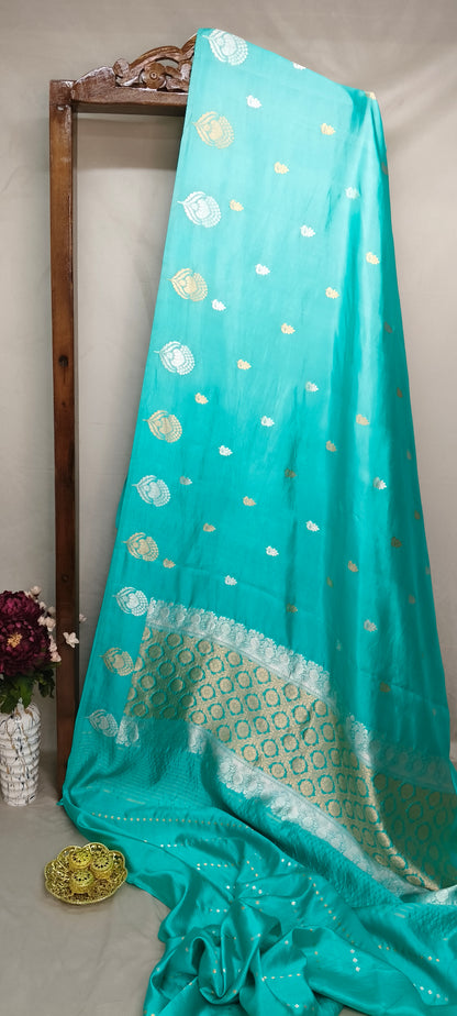 Firozi Pure Row Mango Boota Border Silver Gold Zari Aanchal Booti Saree