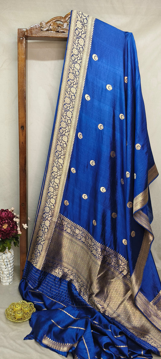 Royal Blue Pure Row Mango Banarasi Border Zari Aanchal Booti Saree