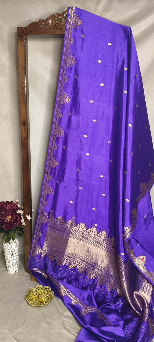 Blue Pure Row Mango Banarasi Border Zari Aanchal Booti Saree