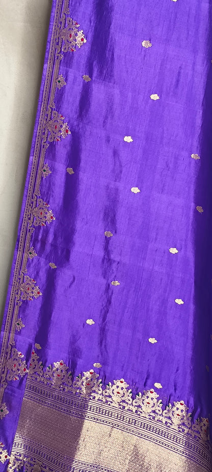 Blue Pure Row Mango Banarasi Border Zari Aanchal Booti Saree
