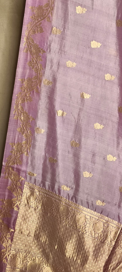 Lavender Pure Row Mango Banarasi Border Zari Aanchal Booti Saree