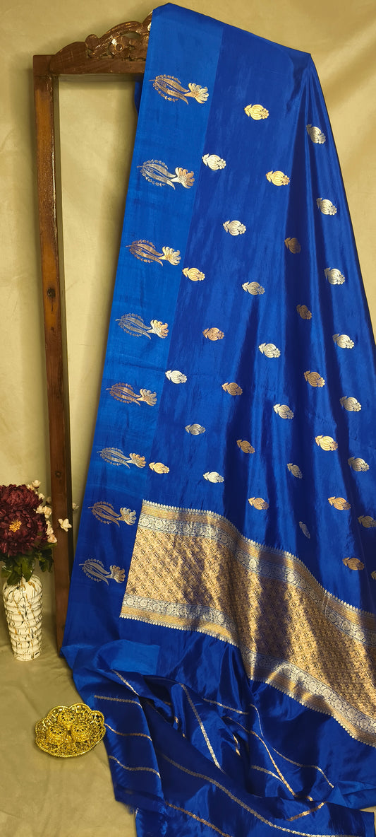 Royal Blue Pure Row Mango Booti Border Silver Gold Zari Aanchal Booti Saree
