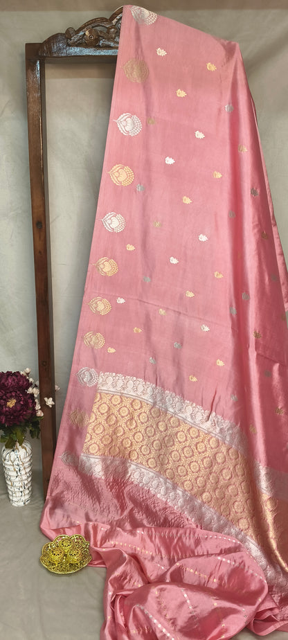 Pink Pure Row Mango Booti Border Silver Gold Zari Aanchal Booti Saree