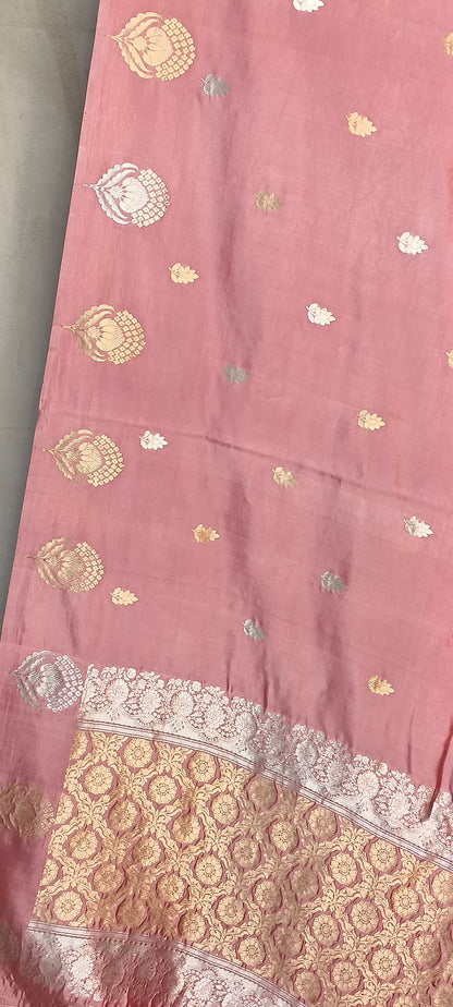 Pink Pure Row Mango Booti Border Silver Gold Zari Aanchal Booti Saree