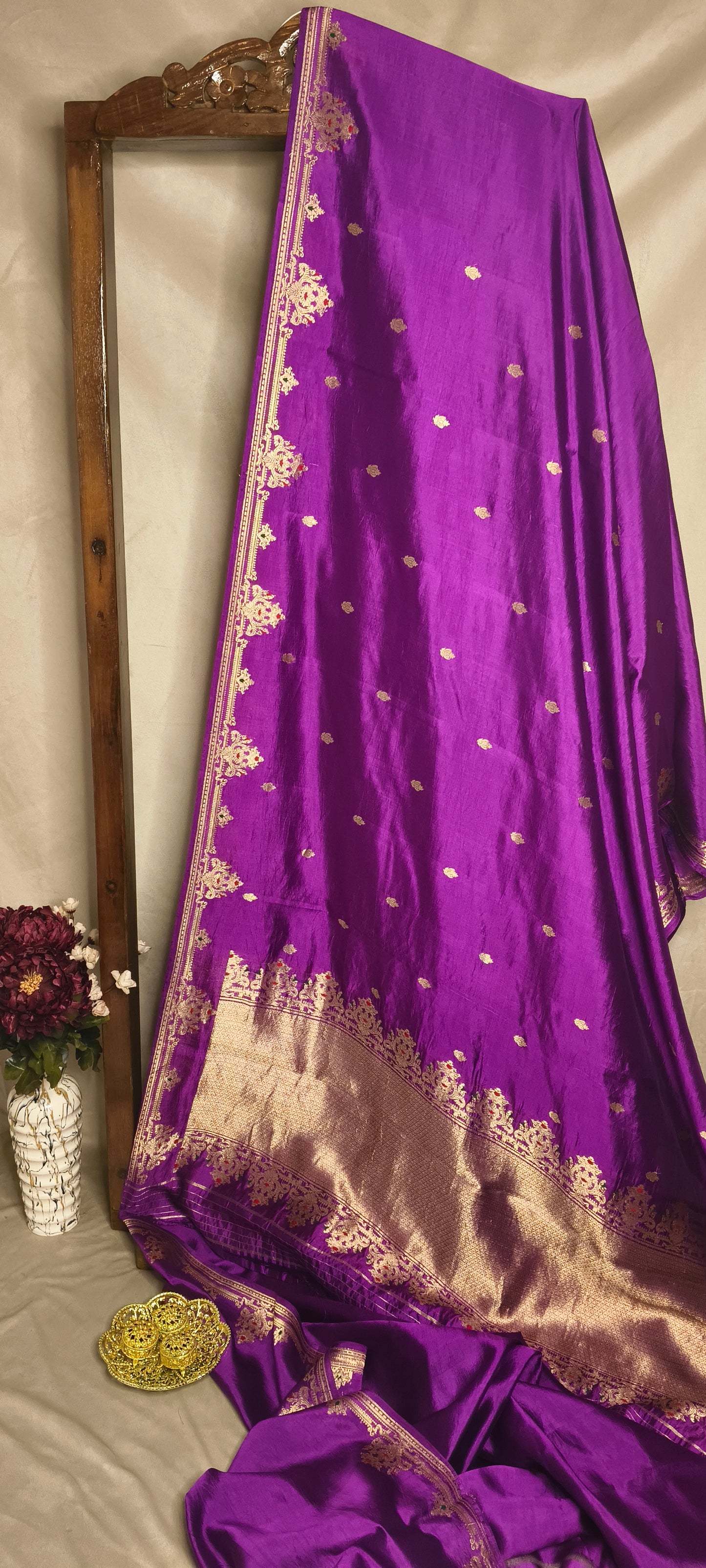 Purple Pure Row Mango Banarasi Border Zari Aanchal Booti Saree