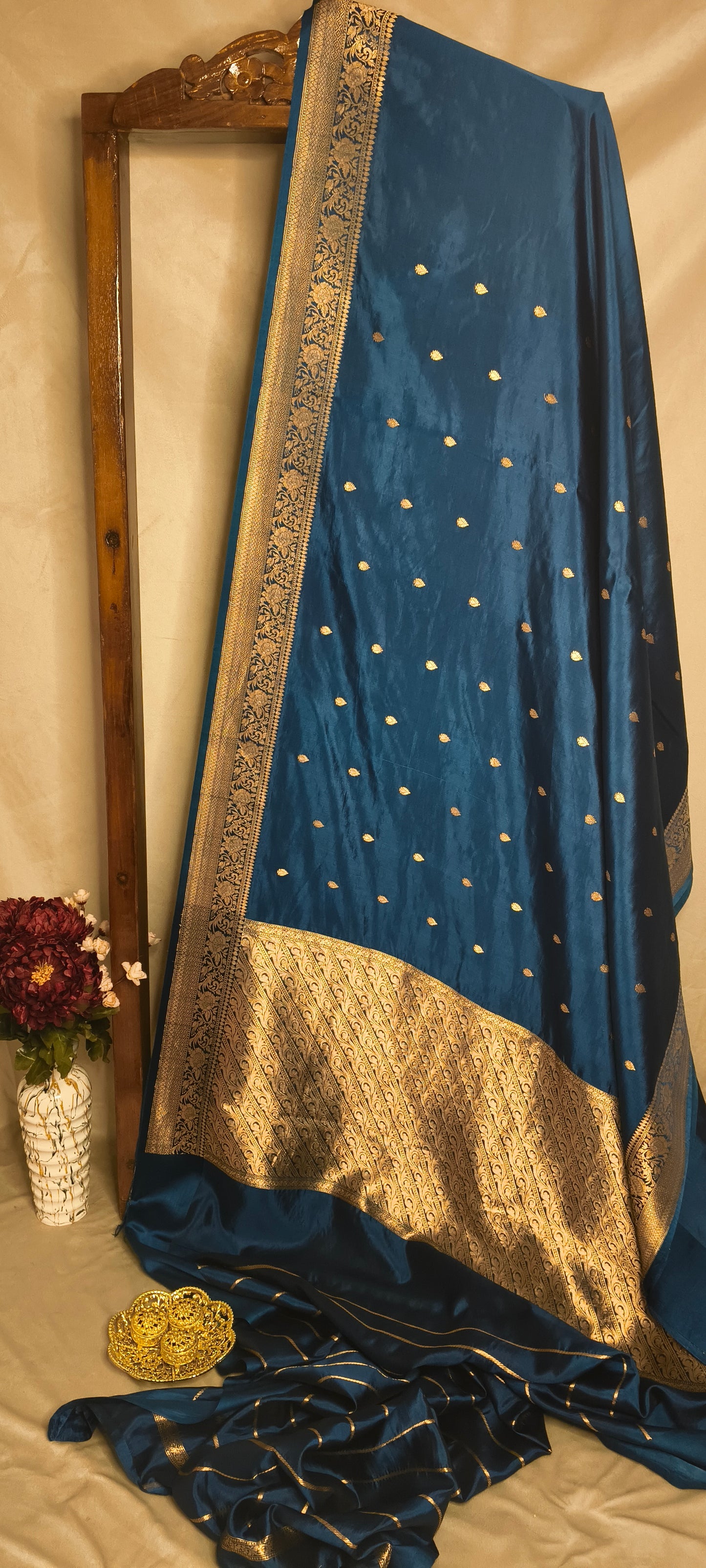 Navy Blue Pure Row Mango Banarasi Border Zari Aanchal Dot Booti Saree