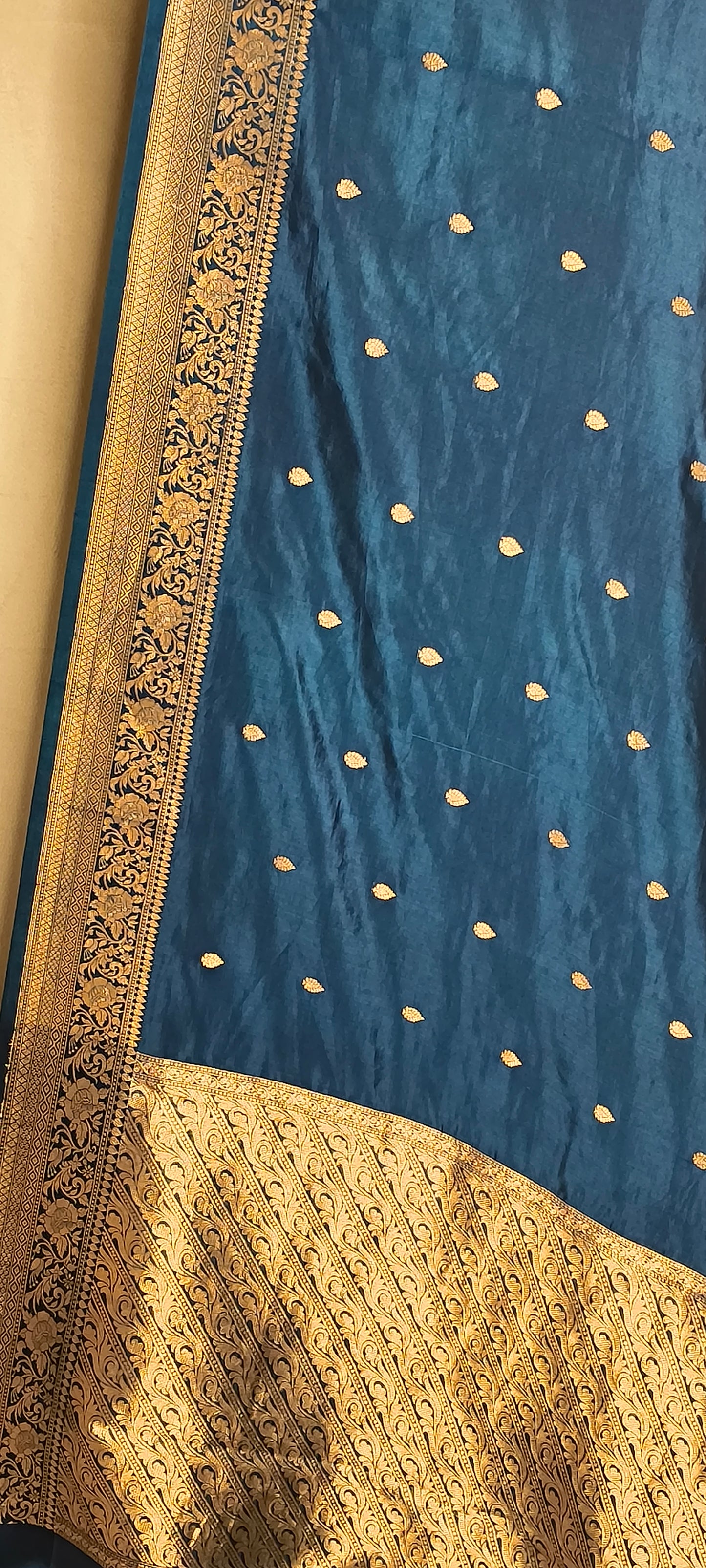 Navy Blue Pure Row Mango Banarasi Border Zari Aanchal Dot Booti Saree
