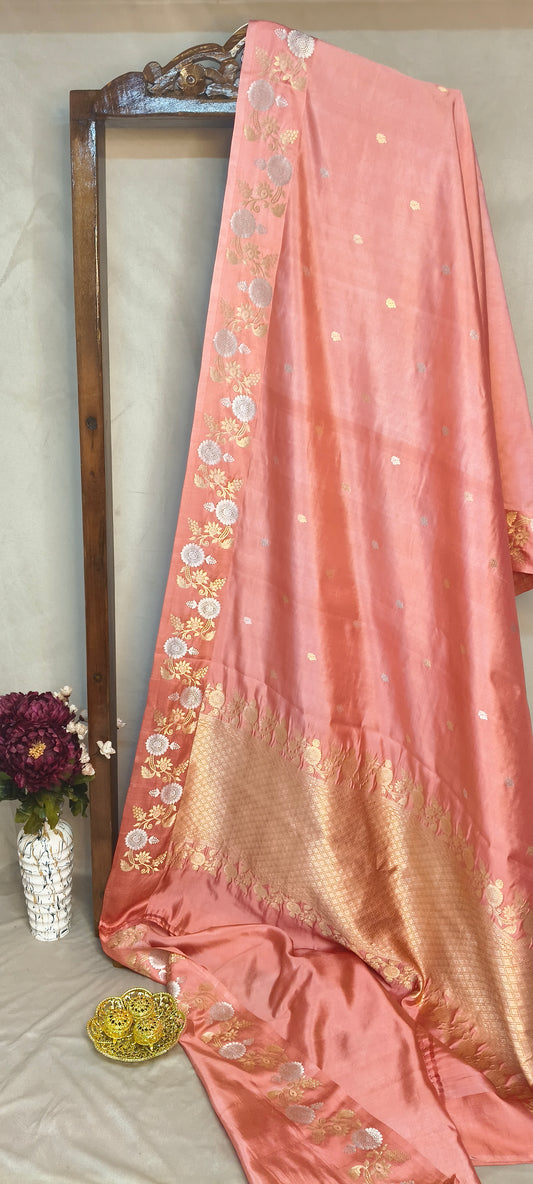 Peach Pure Row Mango Banarasi Open Border Zari Aanchal Booti Saree