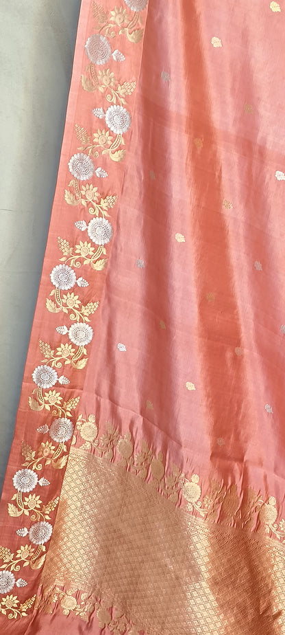 Peach Pure Row Mango Banarasi Open Border Zari Aanchal Booti Saree