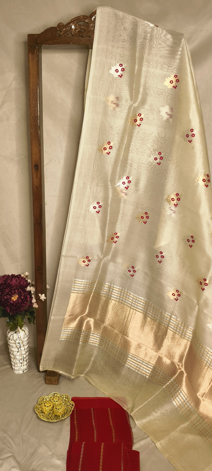 Worm Kora Silk Kadhua Mina Boota Plain Open Border with Contrast Red Blouse