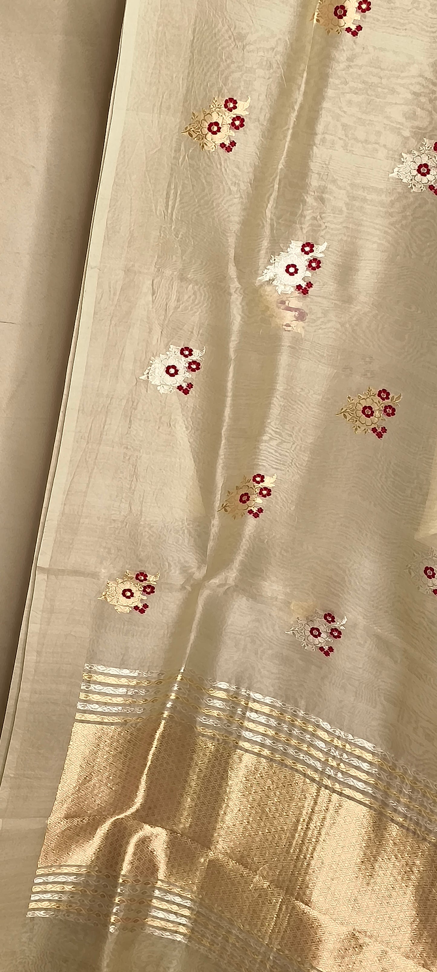 Worm Kora Silk Kadhua Mina Boota Plain Open Border with Contrast Red Blouse