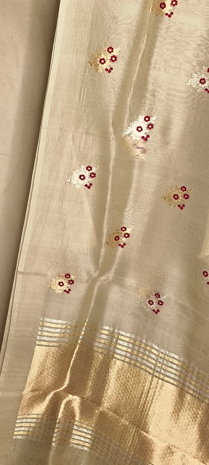 Worm Kora Silk Kadhua Mina Boota Plain Open Border with Contrast Red Blouse