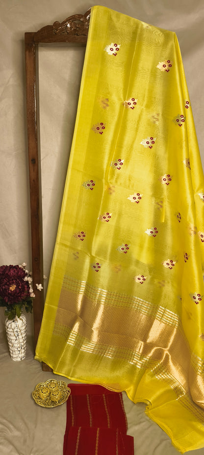 Yellow Kora Silk Kadhua Mina Boota Plain Open Border with Contrast Red Blouse