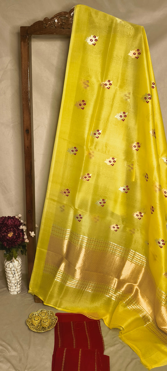 Yellow Kora Silk Kadhua Mina Boota Plain Open Border with Contrast Red Blouse