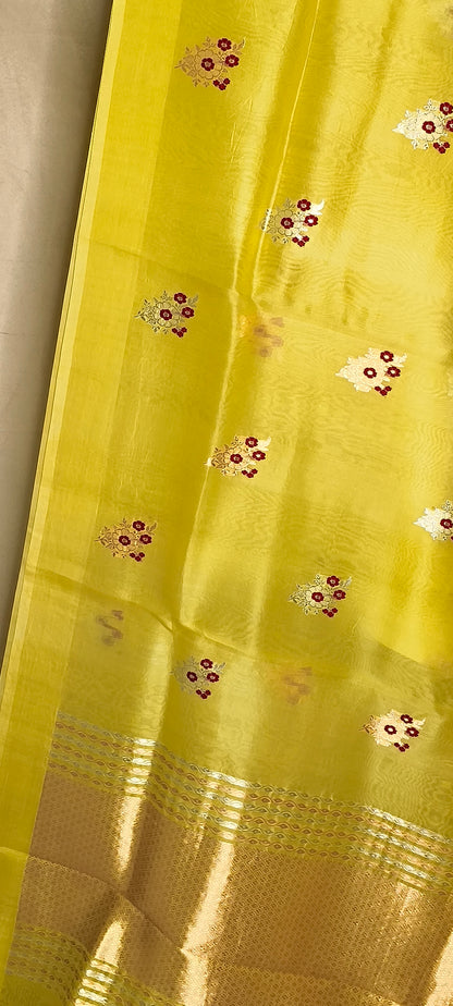 Yellow Kora Silk Kadhua Mina Boota Plain Open Border with Contrast Red Blouse