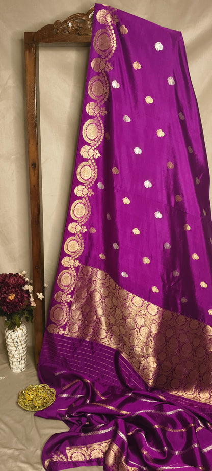 Purple Pure Row Mango Silk Silver Gold Zari Border Aanchal Booti Saree