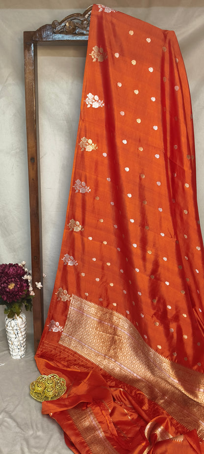Orange Pure Row Mango Silk Silver Gold Zari Border Aanchal Booti Saree