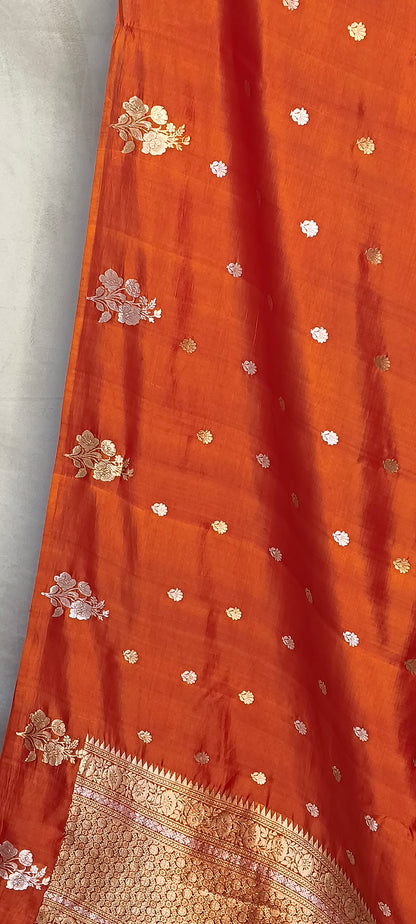 Orange Pure Row Mango Silk Silver Gold Zari Border Aanchal Booti Saree