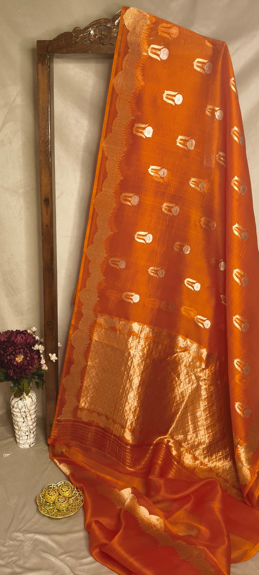 Orange Pure Row Mango Silk Silver Gold Zari Border Aanchal Booti Saree
