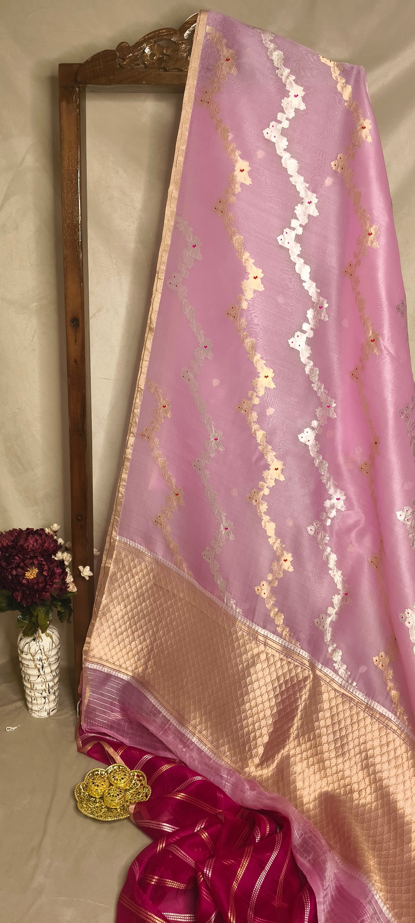 Lavender & Rani Contrast Pure Tissue Silk Silver Gold Zari Zig-Zag Design Saree