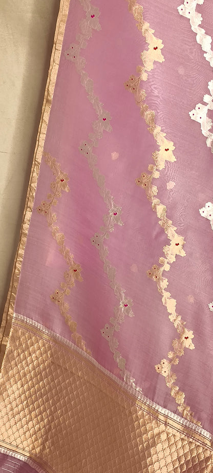 Lavender & Rani Contrast Pure Tissue Silk Silver Gold Zari Zig-Zag Design Saree