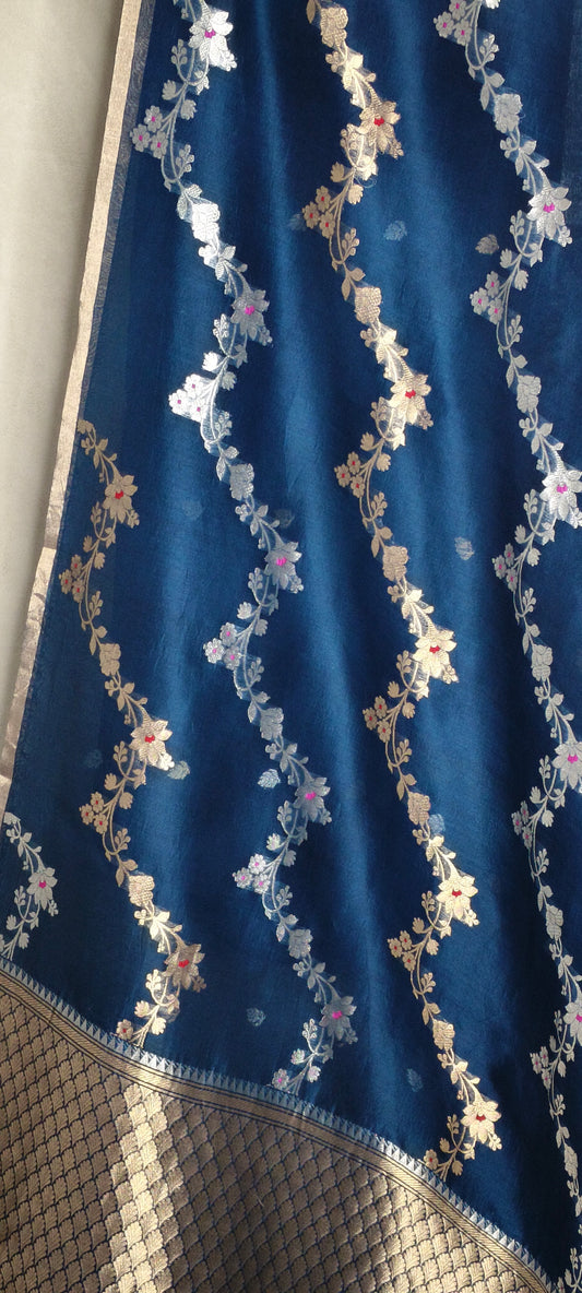 Deep Blue Pure Tissue Silk Silver Gold Zari Zig-Zag Design Saree