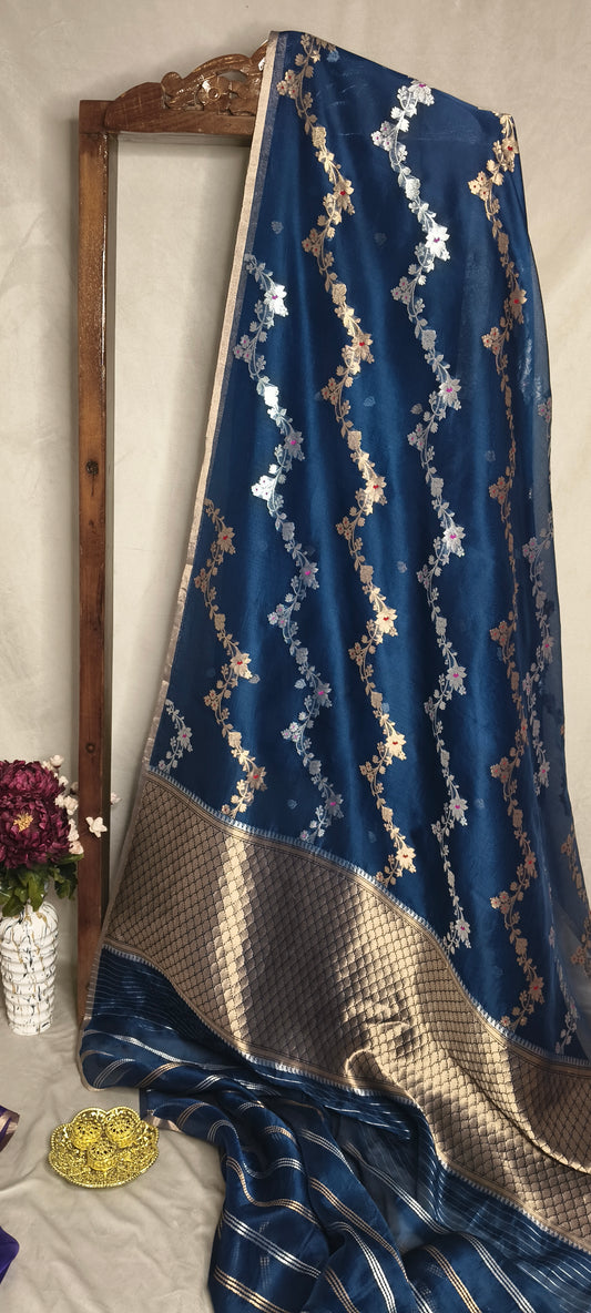 Deep Blue Pure Tissue Silk Silver Gold Zari Zig-Zag Design Saree