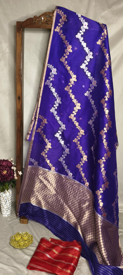 Royal Blue Pure Tissue Silk Silver Gold Zari Zig-Zag Design Saree