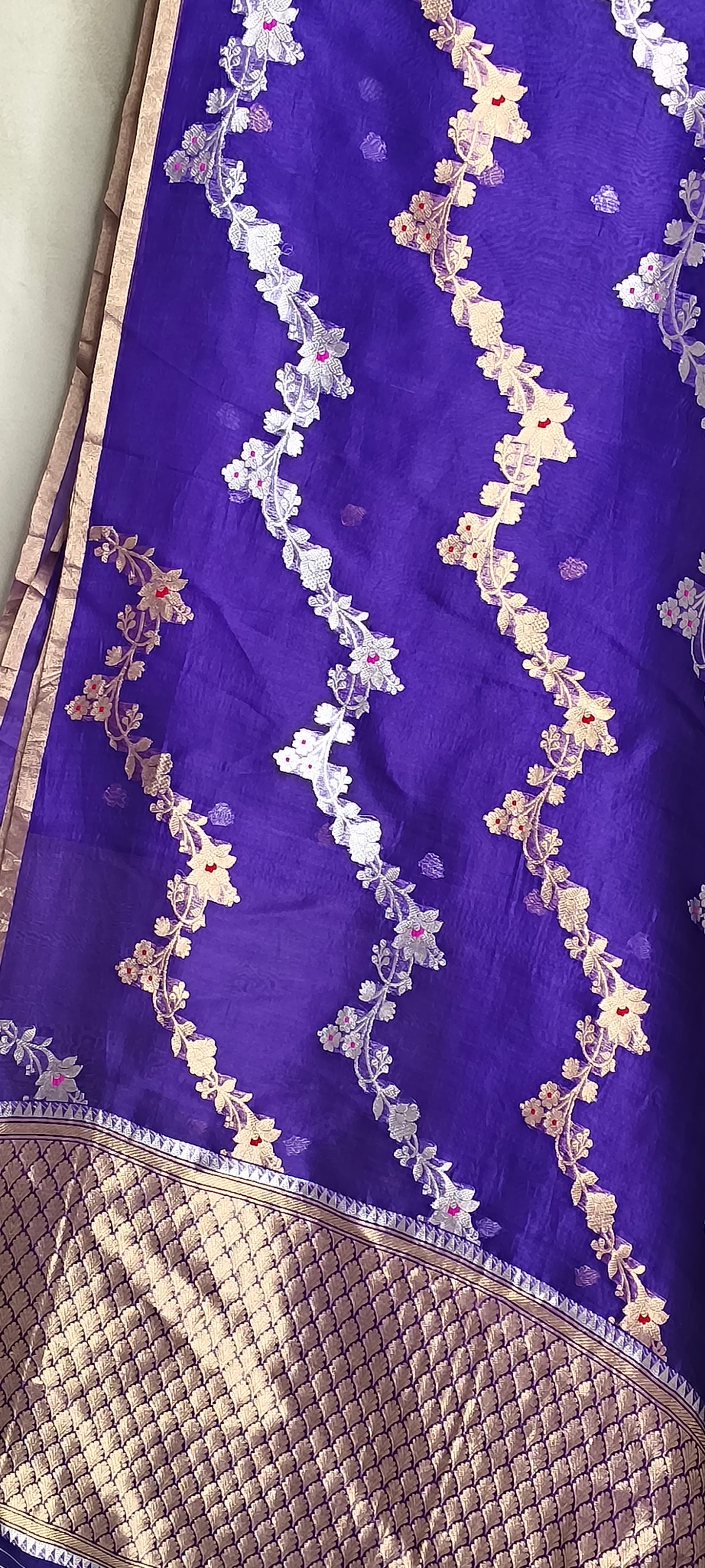 Royal Blue Pure Tissue Silk Silver Gold Zari Zig-Zag Design Saree