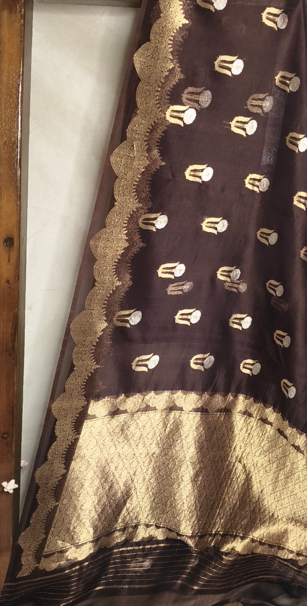 Garnet Pure Tissue Silk Silver Gold Zari Booti Saree