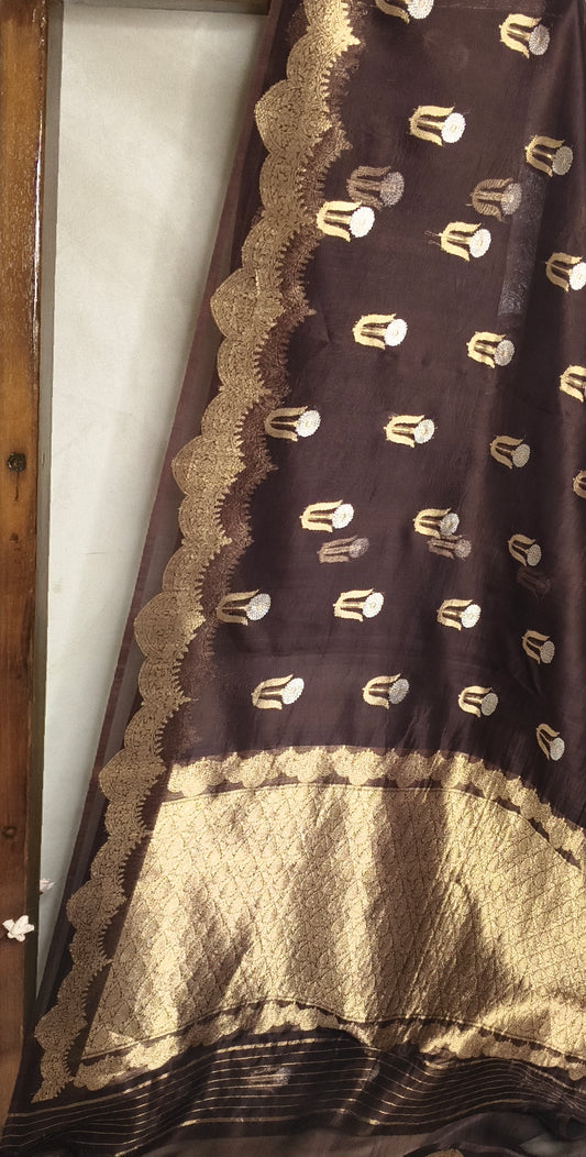 Garnet Pure Tissue Silk Silver Gold Zari Booti Saree