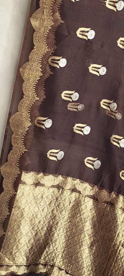 Garnet Pure Tissue Silk Silver Gold Zari Booti Saree