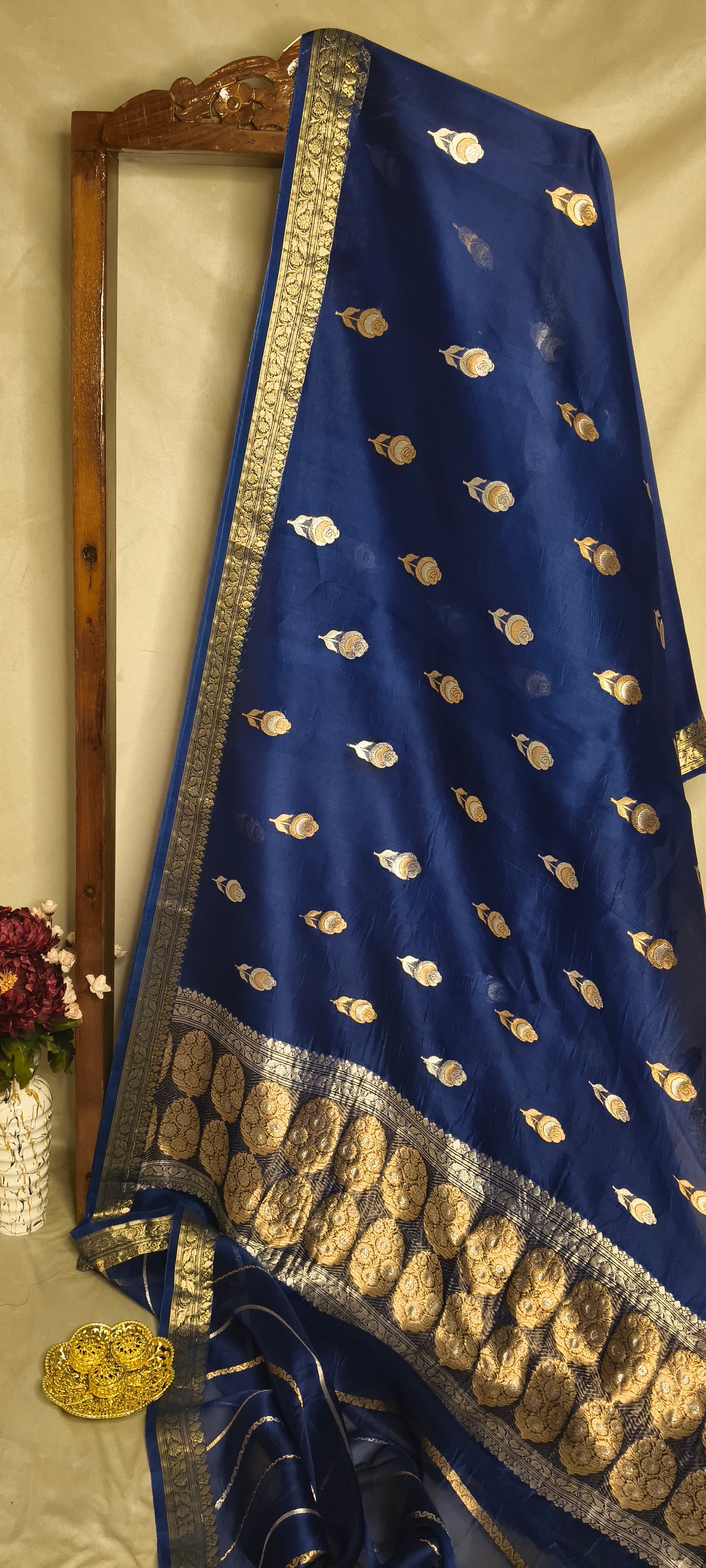 Navy Blue Pure Tissue Silk Silver Gold Zari Booti Saree