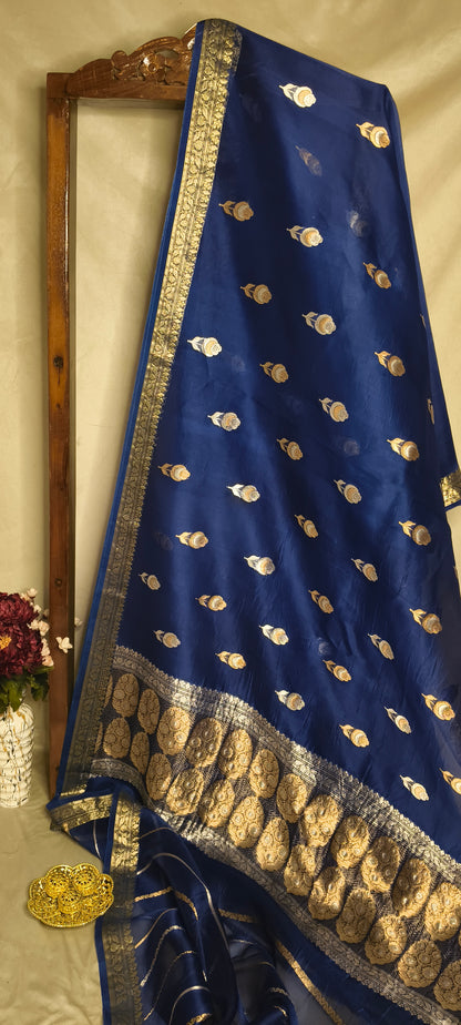 Navy Blue Pure Tissue Silk Silver Gold Zari Booti Saree