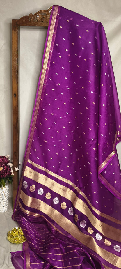Purple Pure Tissue Silk Silver Gold Zari Booti Saree