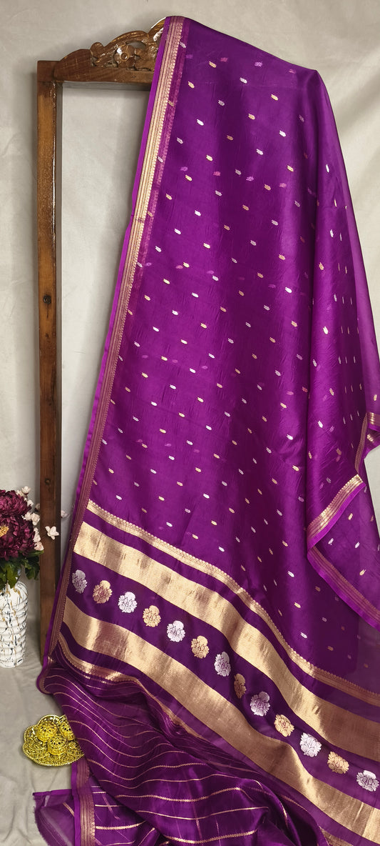 Purple Pure Tissue Silk Silver Gold Zari Booti Saree