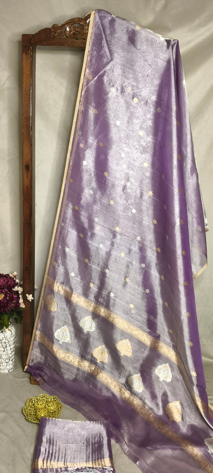 Lavender Pure Tissue Silk Silver Gold Zari Booti Saree