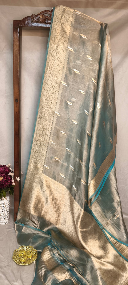 Grey Pure Tissue Silk Silver Antique Zari Booti Saree
