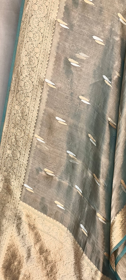 Grey Pure Tissue Silk Silver Antique Zari Booti Saree